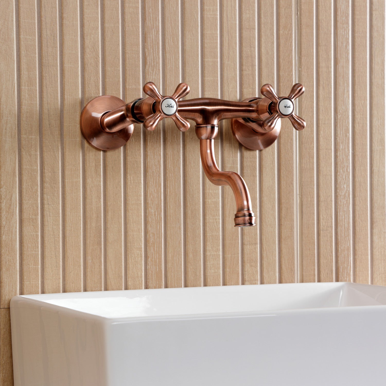 Kingston Heirloom KS211AXAC - Kingston Double-Handle 2-Hole Wall Mount Bathroom Faucet, Antique Copper — thumbnail 3
